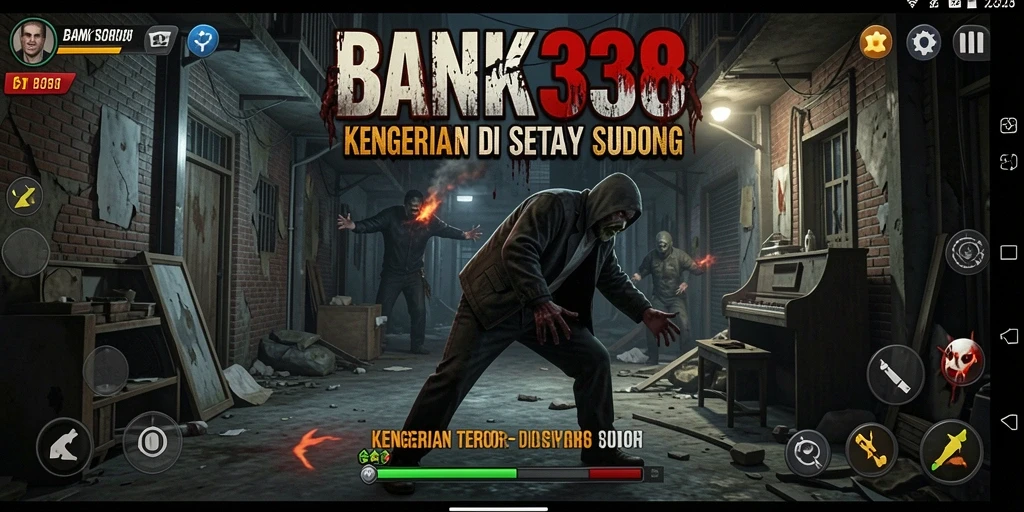 Tangkapan layar utama BANK338 menampilkan momen seram dalam gameplay.