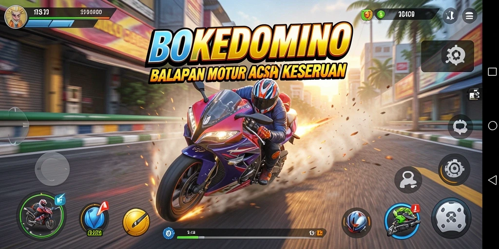 Screenshot gameplay BOKEDOMINO dengan aksi balapan motor yang mendebarkan.