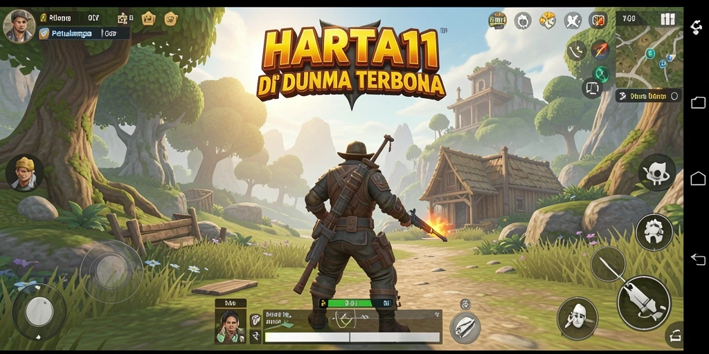 Screenshot utama HARTA11 menunjukkan pemain menjelajahi dunia terbuka dengan latar belakang yang menakjubkan.