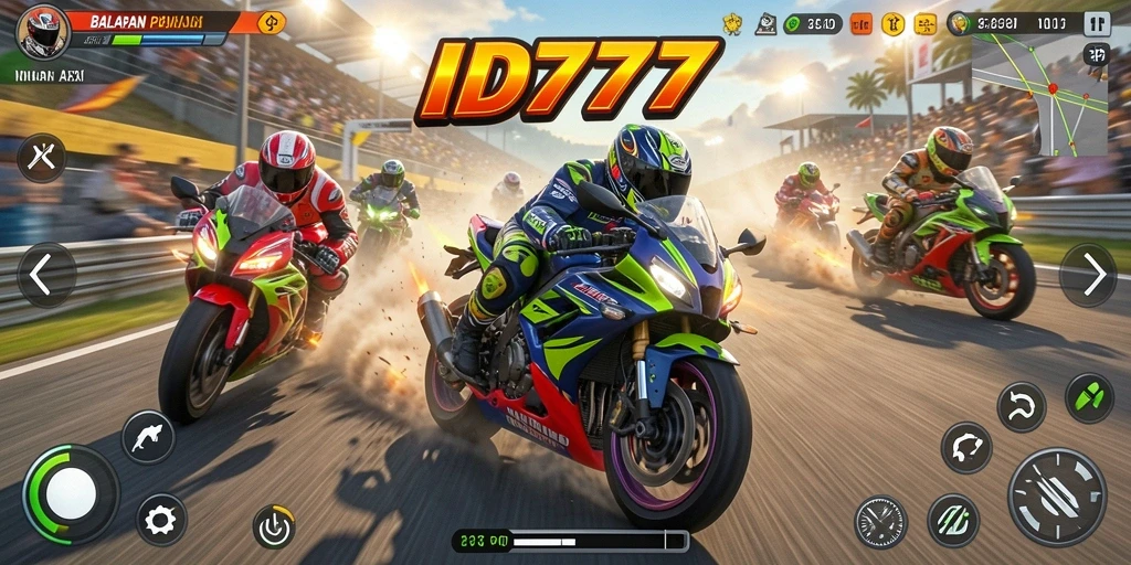 Screenshot utama ID777 dengan gameplay balapan motor yang mendebarkan.