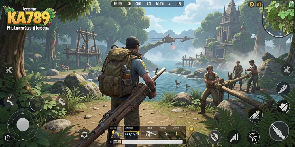 Screenshot utama KA789 menampilkan gameplay aksi di dunia terbuka yang indah.