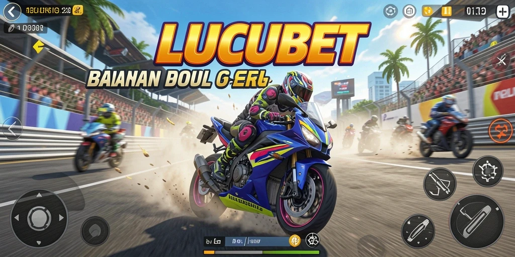 Screenshot utama LUCUBET menampilkan aksi balapan motor yang seru.