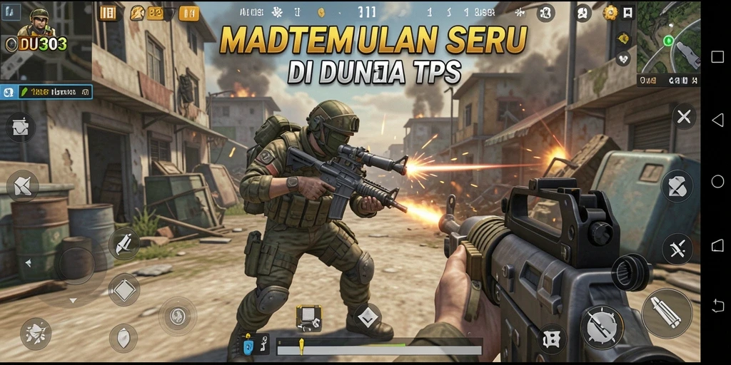 Screenshot gameplay MADU303 menampilkan aksi seru di medan perang TPS.